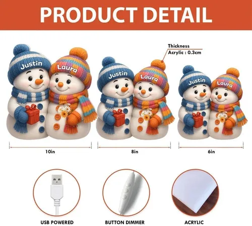 Miniatura 6 de Caja de luz navideña personalizada con el nombre de la pareja en forma de muñeco de nieve - Luz nocturna LED navideña personalizada, decoración