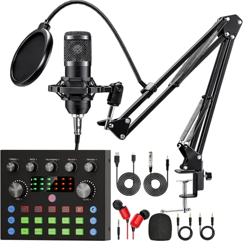 Kit de equipo de podcast, paquete de estudio de grabación con micrófono de podcast y modificador de voz, tarjeta de sonido en vivo - interfaz de