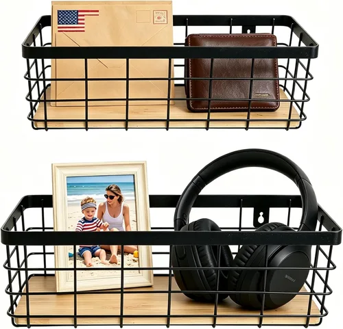 Miniatura 4 de ShabbyDecor Cesta de alambre de metal, base de madera desmontable, organizador de almacenamiento, cesta colgante para armarios de cocina, baño, Negro