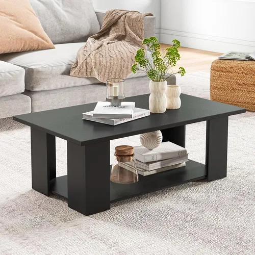 Miniatura 8 de Giantex Mesa central rectangular de madera, mesa de té moderna grande de 41 pulgadas y 2 niveles con compartimento abierto, fácil montaje, mesa