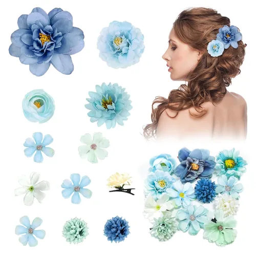 Clips decorativos para el cabello, 12 pinzas para el pelo de flores de seda, color azul brumoso, para decoración de cabello de mujer, fiesta en la