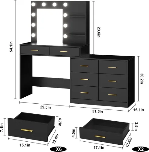 Miniatura 2 de GarveeHome Escritorio de maquillaje de 61 pulgadas con espejo y luces, tocador negro con 8 cajones de almacenamiento anchos y estantes de 2 niveles