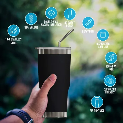 Miniatura 6 de BluePeak Juego de vasos aislados de acero inoxidable al vacío de doble pared, paquete de 2, incluye 2 tapas para sorber, 2 tapas deslizantes a Negro