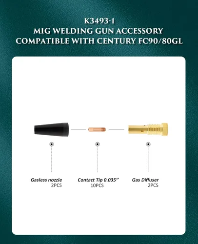 Miniatura 5 de Kit de núcleo de flujo K3493-1, boquilla sin gas difusor de gas y punta de contacto 0.035 '' para accesorios de soldadura Century FC90/80GL Titanium