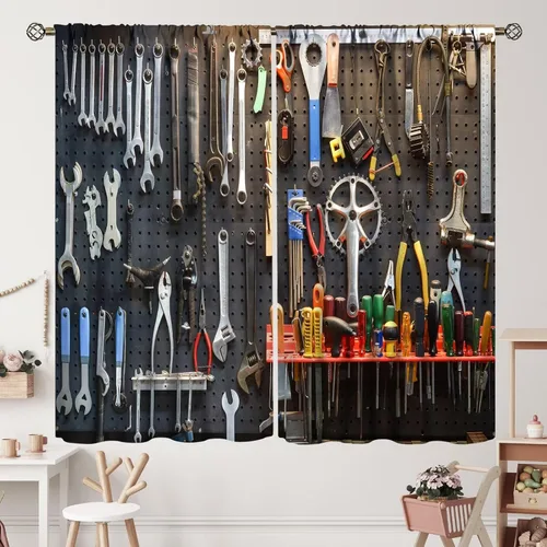 Cortinas opacas con diseño de cueva de hombre, herramientas de estilo vintage, herramientas de pared, cobertizo de taller, cortina de equipo de