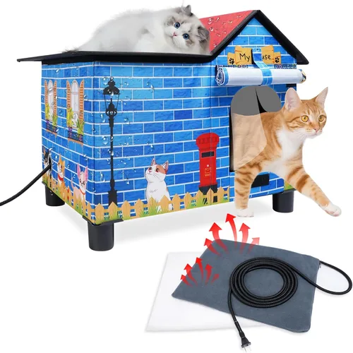 Casa Grande con Calefacción para Gatos de Exterior, Casa Elevada para Gatos al Aire Libre Resistente a la Intemperie con Almohadilla Térmica para