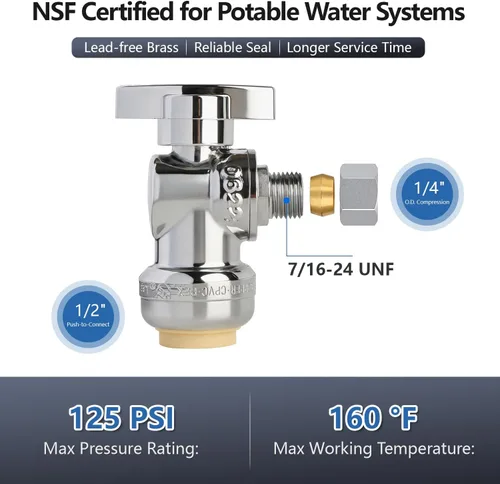 Miniatura 2 de WiseWater Válvula de tope de ángulo de ajuste a presión de 1/4 de giro, válvula de agua de cierre a presión de 1/4 pulgadas de diámetro exterior x