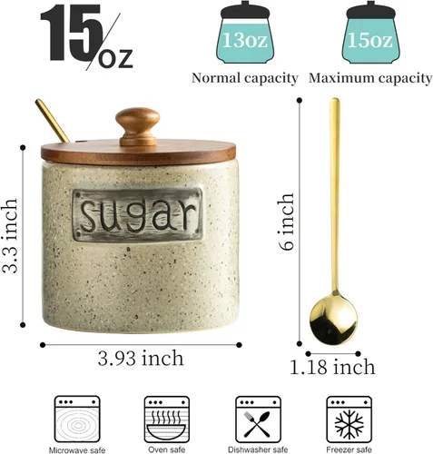 Miniatura 2 de LYEOBOH Azucarero de 15 onzas, recipiente para azúcar, contenedor rústico para azúcar con tapa de madera y cuchara para barra de café, apto