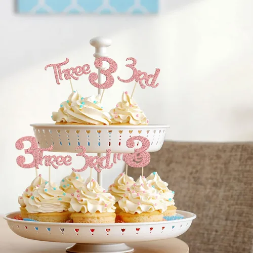 Miniatura 6 de 24 unidades de adornos para cupcakes con purpurina, 3 adornos para cupcakes, púas para cupcakes de 3er cumpleaños, adornos para pastel de baby Oro