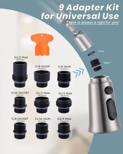 Miniatura 3 de WOWOW Cabezal de repuesto para grifo de cocina, cabezal rociador de grifo extraíble de 3 funciones con 9 adaptadores, boquilla rociadora de cocina