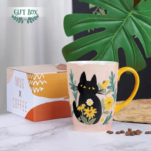 Miniatura 7 de NymphFable Taza de café de cerámica grande con mango 100% pintado a mano regalo de Navidad 20.3 fl oz/20oz Gato lindo rosa