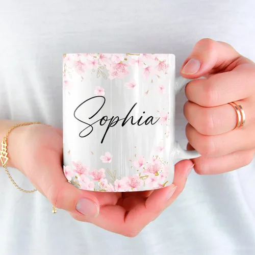 Miniatura 4 de Taza de café personalizada con nombre de flor de cerezo, taza de café blanca de flor de cerezo, taza de viaje de flor de cerezo, regalo