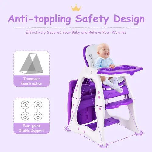 Miniatura 6 de Costzon Silla alta para bebé, juego de mesa y silla infantil 3 en 1, asiento elevador convertible con bandeja de alimentación ajustable de 3 Púrpura