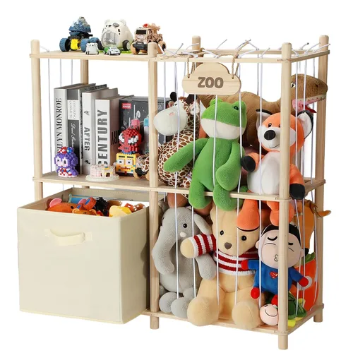 Miniatura 12 de LAMU Almacenamiento de animales de peluche, soporte de madera para animales de peluche con cordones elásticos, organizador de juguetes de ahorro