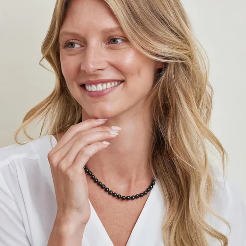 Miniatura 3 de The Pearl Source Black Akoya Japanese Pearl Necklace for Women - 14k Gold Pearl Strand Necklace 18in Long Pearl Necklace with Genuine Cultured
