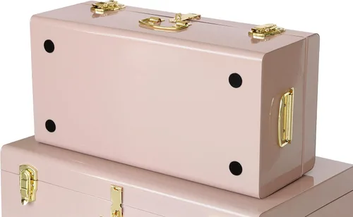 Miniatura 3 de Vixdonos Conjunto de 2 baúles de almacenamiento decorativos de metal – baúl para dormitorio universitario con asa (rosa)