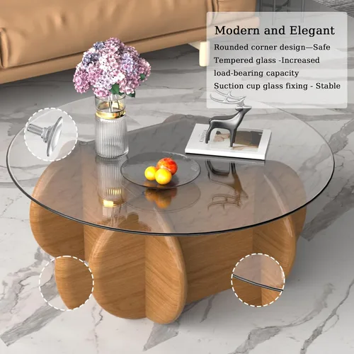 Miniatura 4 de Noguchi - Mesas de centro redondas transparentes de cristal con patas de madera maciza y mesa de vidrio templado para sala de estar, hogar, espacio