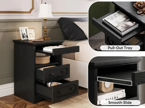 Miniatura 4 de Mesita de noche LIKIMIO, mesa de noche moderna con 2 cajones, estante abierto, mesa auxiliar con bandeja extraíble, mesa auxiliar de madera