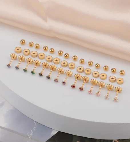 Miniatura 6 de Aretes de titanio G23 hechos a mano de 0.118 in, chapados en oro de 14 quilates, pequeños 5A+CZ, aretes de cartílago hipoalergénicos, aretes