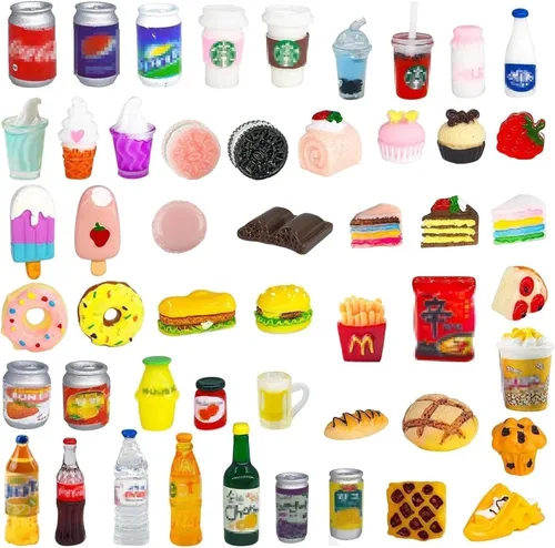 50 piezas de botellas en miniatura de comida y bebida, latas de refresco, accesorios de juego de cocina de simulación, juguetes de Hamburgo, pastel