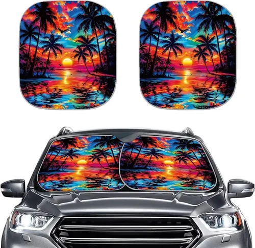 Miniatura 12 de Parasol para parabrisas de automóvil con estampado de playa tropical, protección universal para proteger el interior del automóvil, bloquea