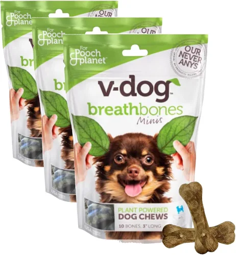 Miniatura 10 de V-dog Golosinas para perros – Limpieza de dientes veganos Breathbone Dental Huesos – Aliento fresco – 8 onzas – Minis – Todo natural, fabricado