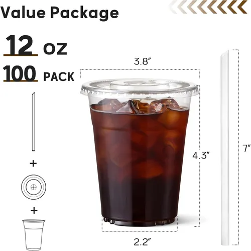 Miniatura 2 de AOZITA Paquete de 100 vasos de plástico transparente de 12 onzas con tapas y pajitas, tazas desechables para café helado para bebidas frías