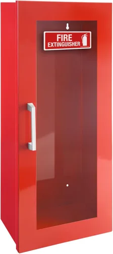 Soporte para extintor de incendios, gabinete rojo con puerta, acero de calibre 22, acabado de recubrimiento en polvo, mango de metal, montaje