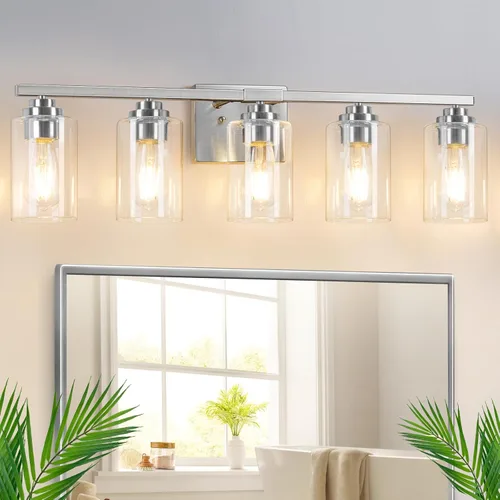 Miniatura 18 de Lámparas de baño de 3 luces, 19 pulgadas, modernas luces de tocador sobre espejo con pantallas de vidrio transparente, accesorio de luz marrón
