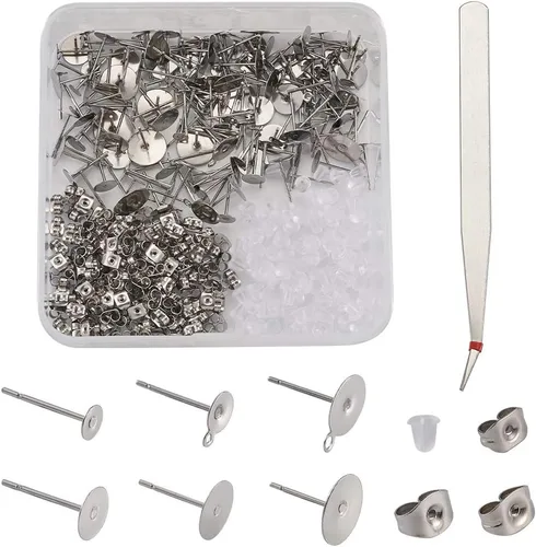 Miniatura 10 de Craftdady 400 aretes de acero inoxidable de 0.15 a 0.55 pulgadas, 8 tamaños, almohadillas planas, redondas, en blanco, para hacer joyas Almohadilla