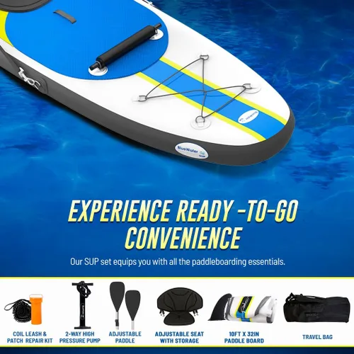 Miniatura 6 de Blue Water Toys Kit de tabla de remo inflable Crossover de pie o kayak: bomba, mochila, correa de bobina, paletas, asiento desmontable, límite