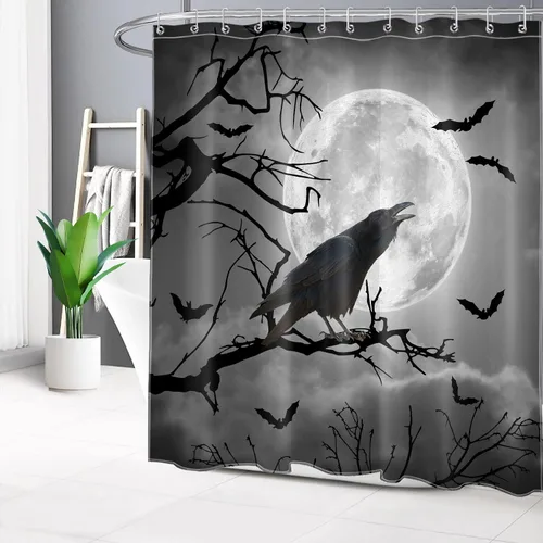 Miniatura 4 de LB Cortina de ducha gris de Halloween, cuervo negro sobre árbol muerto, juego de cortina de ducha de luna de terror, murciélago aterrador en bosque