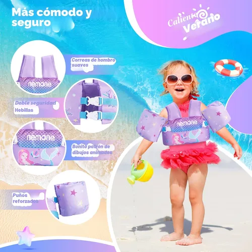 Miniatura 2 de Nemone Chaleco de natación para niños pequeños de 22 a 70 libras, flotadores para niños, chaqueta de natación con alas de agua para el brazo para A