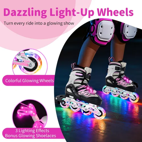 Miniatura 2 de BELEEV Patines en línea con ruedas iluminadas y cordones, cuchillas ajustables de 4 tallas para niños, niños y niñas de 5-8, 8-12, 6-12, patines Rosa