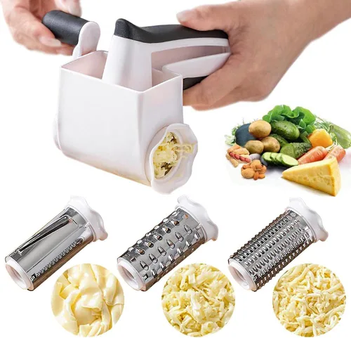 Rallador de queso giratorio clásico con asa, rallador de queso de mano 3 en 1 con 3 ralladores de acero inoxidable, rallador multifuncional para