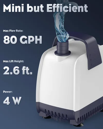 Miniatura 3 de Pawfly Mini bomba de agua sumergible de 80 GPH de 4 W, bomba de fuente pequeña con altura de elevación de 2.6 pies, bomba de acuario ultra