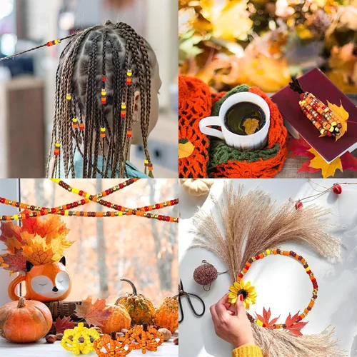 Miniatura 7 de Whaline 1000 cuentas de pony de otoño con 100 tallos de chenilla, limpiadores de tuberías de 6 colores, cuentas de plástico para manualidades