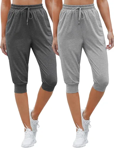 Miniatura 2 de Syhood Paquete de 2 pantalones deportivos capri para mujer, con cordón, pantalones capri casuales recortados con bolsillos