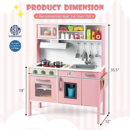 Miniatura 8 de Costzon Juego de cocina para niños, juego de cocina de madera con sonido, microondas, horno, máquina de hielo, campana extractora, estufas