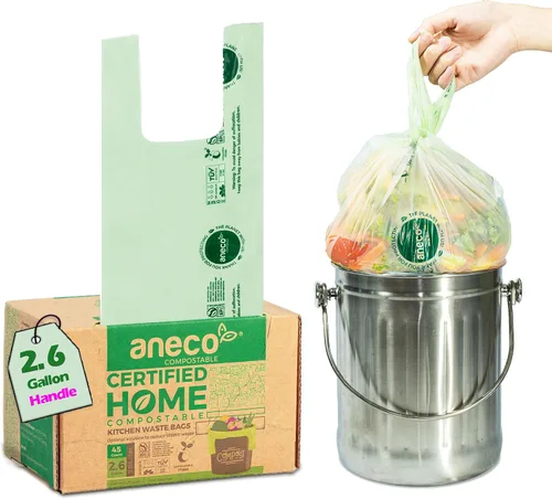 Miniatura 11 de (Incluye 10 bolsas adicionales) ANECO - Bolsas de basura 100% compostables de 2.6 galones, bolsas de compost pequeñas de cocina extra gruesas