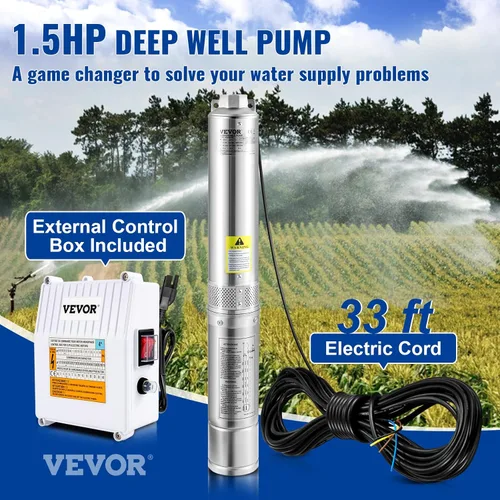 Miniatura 2 de VEVOR Bomba sumergible de pozo profundo, 1.5 HP 115 V/60 Hz, cabezal de 37 gpm y 276 pies, con cable de 33 pies y caja de control externo, bomba
