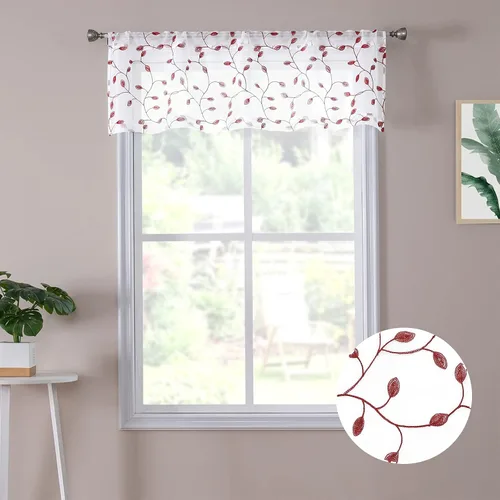 Tollpiz - Cortinas de gasa con diseño de hojas bordadas en color rojo burdeos, para dormitorio, con cortinero, cortinas de lino sintético para la
