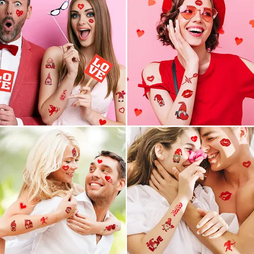 Miniatura 4 de 12 hojas de tatuajes temporales de corazón de San Valentín para mujeres, suministros de fiesta del día de San Valentín, corazón rojo, amor, labio