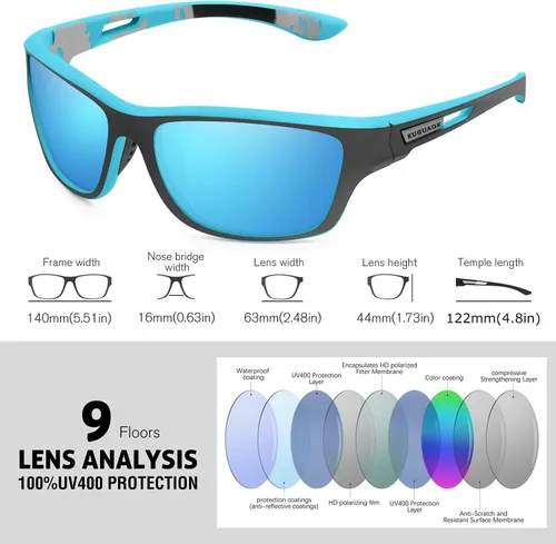 Miniatura 29 de KUGUAOK Gafas de sol deportivas polarizadas para hombres, para conducir, ciclismo, pesca, gafas de sol 100% con protección UV 3apck-negro+azul+azul
