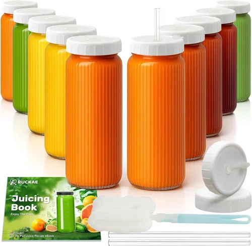 Miniatura 10 de Ruckae Paquete de 10 botellas de jugo de 16 onzas, botellas de vidrio con tapas, tapas de taza de batido y pajitas, botella de agua, vasos