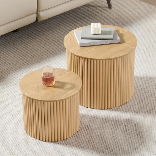 Miniatura 12 de Juego de 2 mesas de centro pequeñas anidables y redondeadas de madera, mesa de café redonda de estilo moderno de mediados de siglo, mesa auxiliar