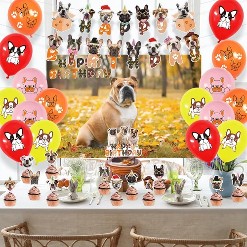 Miniatura 8 de Decoraciones de fiesta de bulldog francés, recuerdos de fiesta, incluye fondo de 3.2 x 4.9 pies, lindo cartel temático de bulldog inglés francés
