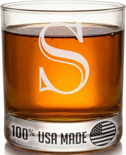 Monograma grabado de cristal de whisky Rocks de 11 onzas (letra S), regalos de bourbon personalizados de la A-Z para hombres, día del padre, vidrio