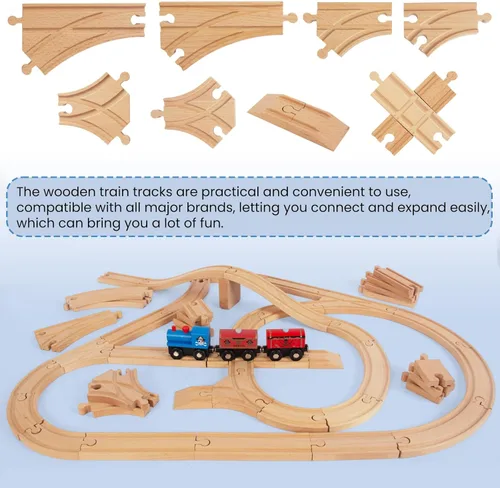 Miniatura 5 de Juego de 58 pistas de tren de madera, expansión de vías y 9 piezas distintas, 100% compatible con todas las principales marcas, incluido el sistema