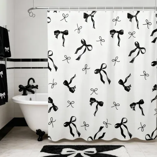 Miniatura 3 de Cortina de ducha con lazo negro, bonito lazo coqueto, cortinas de ducha en blanco y negro para niñas, cortina de baño de tela de poliéster